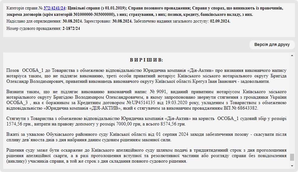 Справа № 372/4241/24: Скасували виконавчий напис нотаріуса за рахунок «Дія-Актив»
